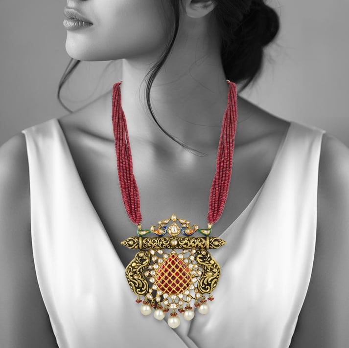 Partash Gold Necklace with Polki, Ruby Beads, and Peacock Motif